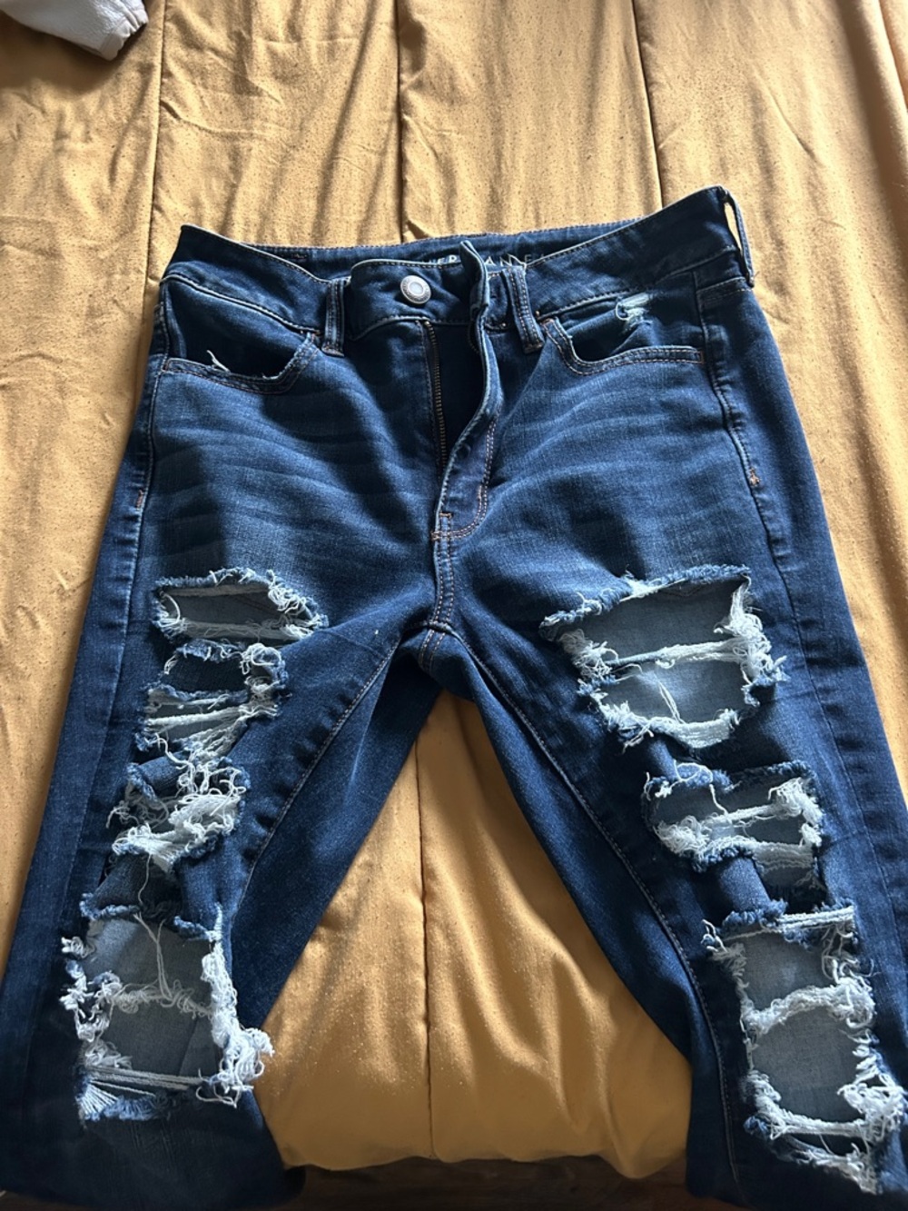 American Eagle Dark Blue Distressed Skinny Jeans 360 Next Level Stretch